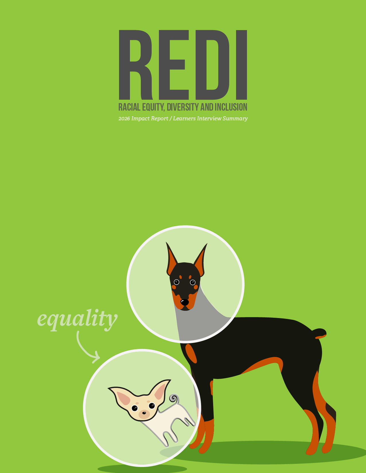 Equality. Image shows a large dog with a cone and a much smaller dog with the same sized cone which does not fit the small dog well.